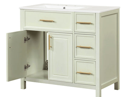 36" Bathroom Vanity With Sink, 2 Doors, 3 Drawers, Rectangular - White