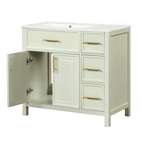 36" Bathroom Vanity With Sink, 2 Doors, 3 Drawers, Rectangular - White