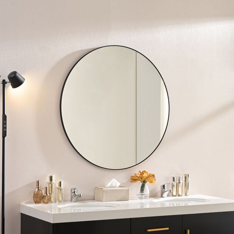 Wall Circular Framed Vanity Mirror For Bathroom, Living Room Decor - Black
