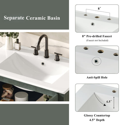 Vintage Bathroom Vanity With Ceramic Sink, Adjustable Shelves