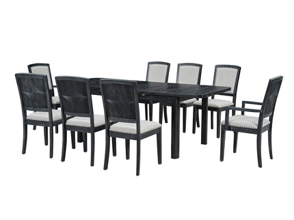 Topmax - Rustic Extendable Dining Table Set With Removable Leaf, 6 Upholstered Armless Dining Chairs And 2 Padded Arm Chairs, 9 Pieces