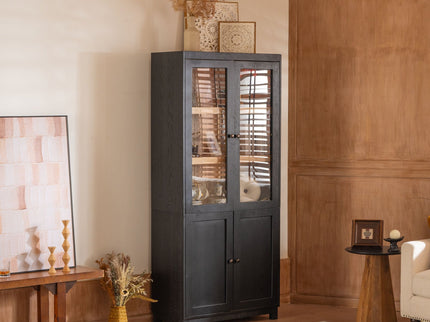 Mid Century Modern Style Tall Display Cabinet With Glass Doors For Collectibles - Black