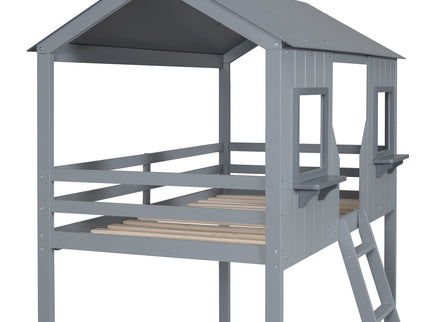 Twin Over Twin Bunk Bed With Roof, Window, Guardrail, Ladder
