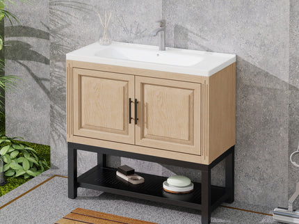 Modern Freestanding Bathroom Vanity With Ceramic Sink, Hot And Cold Faucet, Storage Cabinet & Open Shelf