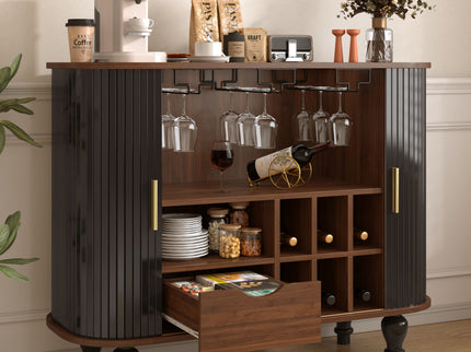 Fluted Liquor & Coffee Bar Cabinet With 6 Wine Racks And 3 Glass Holders