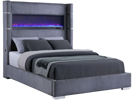 Haven - Upholstered Queen Bed With Integrated Flame Box - Gray