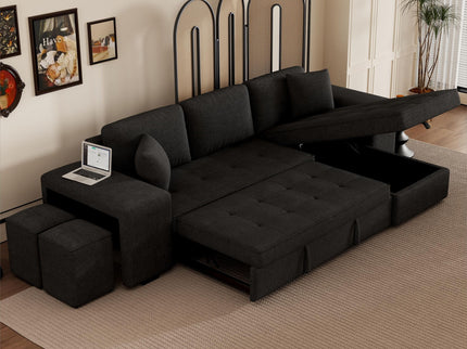 Modern L-Shape 3 Seat Reversible Sectional Couch, Pull Out Sleeper Sofa With Storage Chaise And 2 Stools For Living Room Furniture Set
