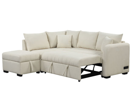 L-Shaped Sectional Pull Out Sofa Bed Sleeper Sofa With Two USB Ports, Two Power Sockets And A Movable Storage Ottoman