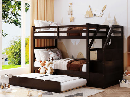 Twin Over Twin Bunk Bed With Twin Size Trundle And 3 Storage Stairs - Espresso