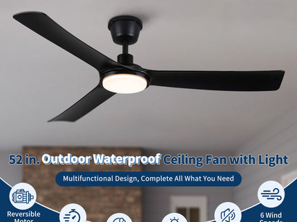 All Weather Outdoor Waterproof Ceiling Fan With Light And Quiet Motor For Patio Porch - Black