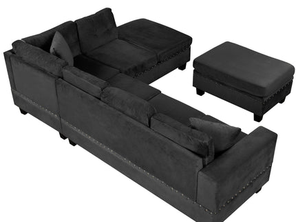 Modern Sectional Sofa With Storage Ottoman, L - Shape Couch With 2 Pillows And Cup Holders