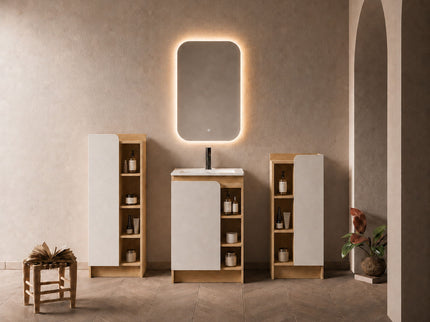 24" Bathroom Vanity With Sink & Tall And Low Side Cabinets, Vanity Set With Thin Edge Sink & Interchangeable Door Panels, 3 Piece Bathroom Storage Set - Black / Light Oak / White