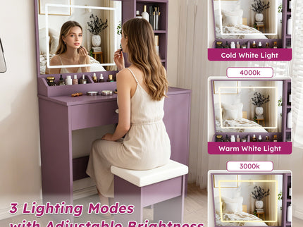 Vanity Desk Set With Padded Stool & Adjustable LED Mirror, 3 Color Mode Lighting, Compact For Bedroom - Purple