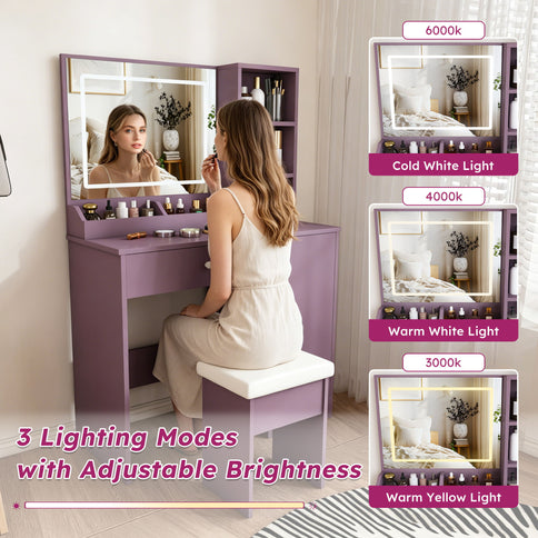 Vanity Desk Set With Padded Stool & Adjustable LED Mirror, 3 Color Mode Lighting, Compact For Bedroom - Purple