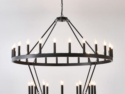 2 Tiers Wagon Wheel Chandelier Wooden Farmhouse 36 Light (24 / 12) Or (12 / 24) Metal Chandeliers 2 Story Light Fixtures Industrial For High Ceiling Living Dining Room Foyer, Adjustable Height - Black