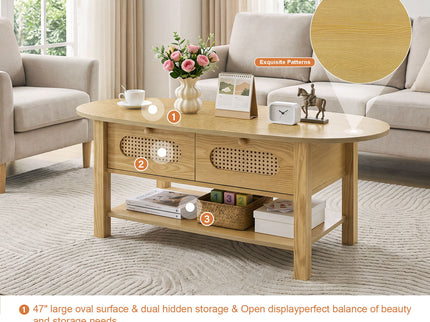 Oval Coffee Table With With 2 Storage Drawers For Living Rooms - Wood