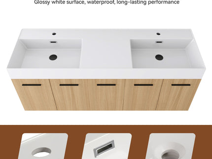 Floating Double Sink Bathroom Vanity Set With Tall Linen Cabinet, Extra Large Storage, Integrated Sink, Soft Close Doors - Glossy White / Light Oak
