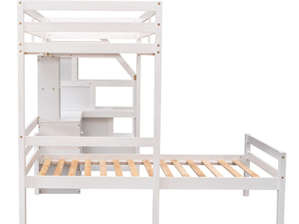 Loft Bed With Stand Alone Bed, Storage Staircase, Desk, Shelves, And Drawers