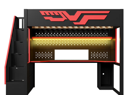 Full Gaming Loft Bed With Desk And Storage Staircase, LED Lights And USB - Red / Black