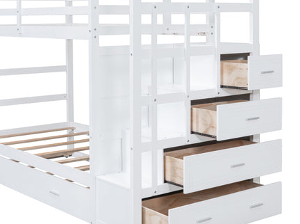 Twin Over Twin Bunk Bed With Trundle And Staircase - White
