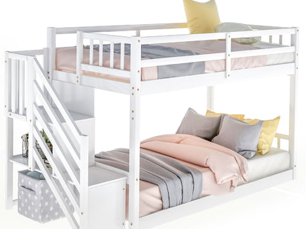 Twin Over Twin Floor Bunk Bed, Ladder With Storage