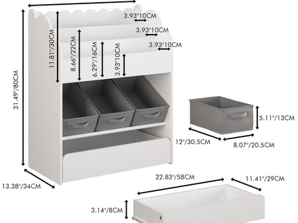Bookshelf With Storage Bins And Drawer, Multi Functional Book Organizer For Toddlers - White