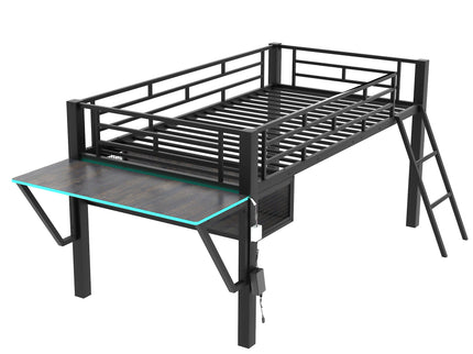 Modern Gaming Mid Loft Bed With Desk And LED Lights