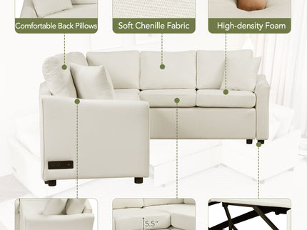 L-Shaped Sofa Convertible Sofa Bed Pull Out Sofa Sleeper With Two Back Pillows, Two USB Ports And Two Power Sockets For Living Room