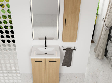 Freestanding Bathroom Vanity Set With Tall Linen Cabinet, Single Sink, Extra Storage, Soft Close Doors - Glossy White / Light Oak