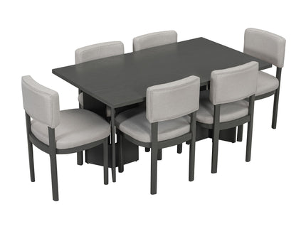 Dining Table Set With 6 Upholstered Chairs, Rectangular Table With Cutout Legs