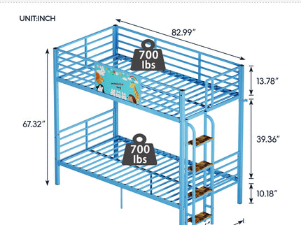 Bunk Bed, Convertible To 2 Separate Twin Size Beds With Full Length Guardrail & Ladder, No Box Spring Needed - Blue