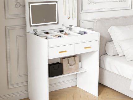 Flip Top Vanity Desk With LED Mirror & Outlet Makeup Table With 2 Drawers, Open Storage, And Jewelry Hooks - White