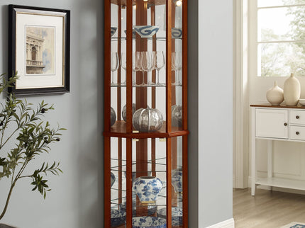6 Shelf Lighted Corner Curio Cabinet With Adjustable Tempered Glass Shelves And Mirror Back (E26 Light Bulb Not Included)