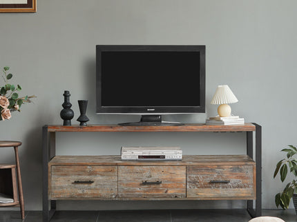 Reclaimed Wood Media TV Console Table With 3 Drarwer, Open Shelf - Antique Gray
