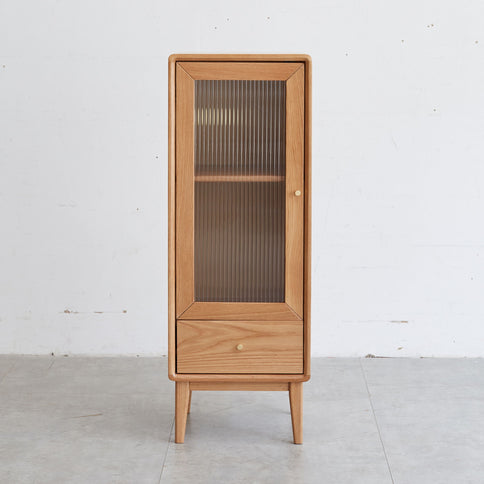 Free-Standing Corner Storage Cabinet With Vintage Glass Door, 2 Shelves, 1 Drawers & Brass Handle For Living Room - Natural
