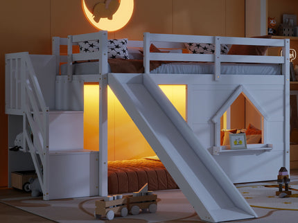 Loft Bed With Storage Stairs, Slide, Playhouse Window And 7 Colors LED Lights