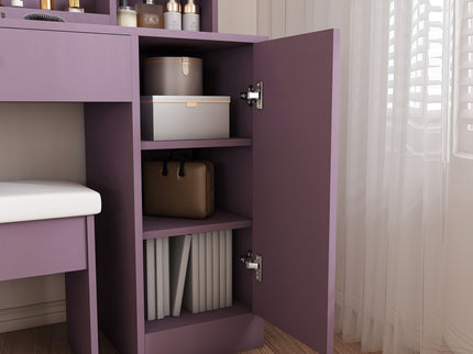 Vanity Desk Set With Padded Stool & Adjustable LED Mirror, 3 Color Mode Lighting, Compact For Bedroom - Purple