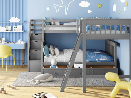 Solid L Shaped Bunk Bed With 3 Drawers, Ladder And Staircase