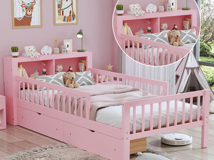 Bed With Headboard Storage Rack, 2 Under Bed Drawers, 3 Side Guardrails For Safety