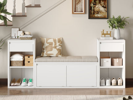 Entryway Storage Bench With Cushion, Drawers & Open Shelves