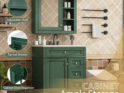 Bathroom Vanity With Top Sink, 2 Doors And 3 Drawers, Freestanding Set With Mirror Cabinet