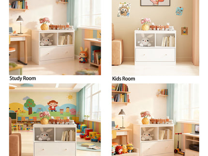 Toy Storage Organizer With Large Drawer And Low Bookshelf For Nursery & Playroom - White