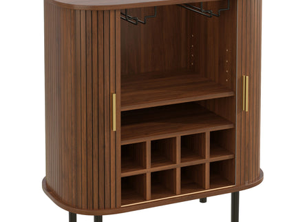 Fluted Wine Bar Cabinet With 8 Grid Wine Rack, 5 Level Adjustable Shelves, 2 Glass Holders