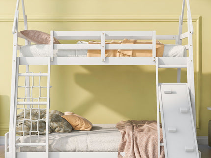 Twin Over Queen House Bunk Bed With Climbing Nets And Climbing Ramp