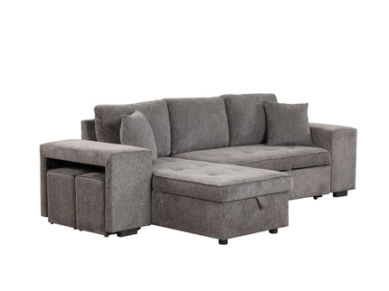 Modern L-Shape 3 Seat Reversible Sectional Couch, Pull Out Sleeper Sofa With Storage Chaise And 2 Stools For Living Room Furniture Set