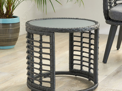 Achill - Outdoor Modern Boho Wicker Side Table With Glass Top - Gray