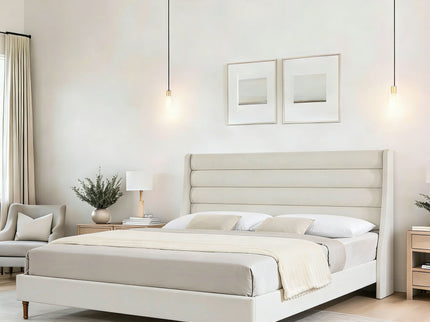 Modern Upholstered Platform Bed With Wave Shaped Headboard