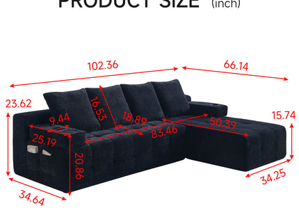 L - Shaped Sectional Sofa With Side Pockets, Wireless Charging, USB Ports, Cup Holder, Bluetooth Speaker, Reversible Lounge Chaise - Black