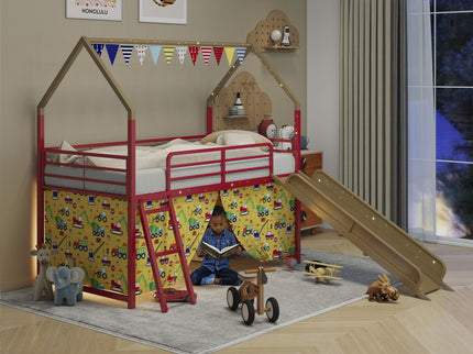 Jack - House Loft Bed With Slide And Curtain Set