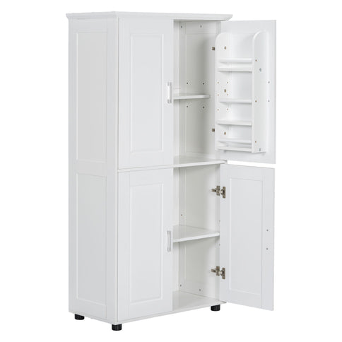 Tall And Wide Bathroom Floor Storage Cabinet With 4 Doors, Adjustable Shelves - White